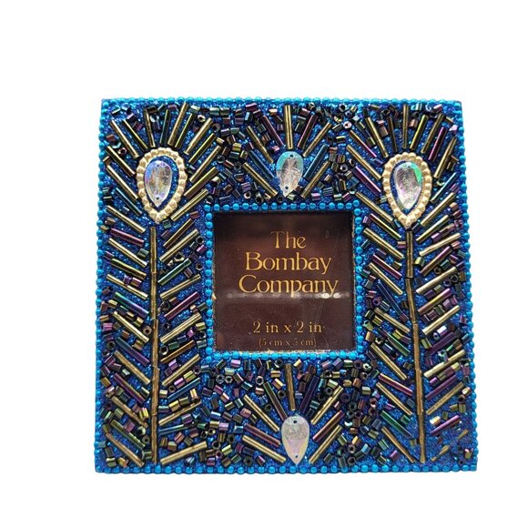 Beaded Peacock Design Picture Frame The Bombay Company for Photo 2"x2" - Picture 1 of 10
